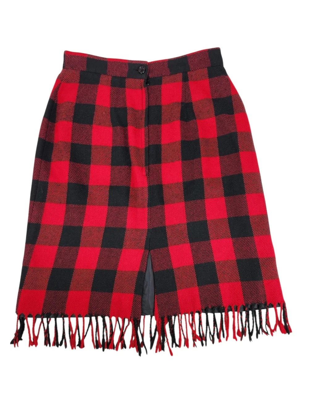 Vintage Red Black Buffalo Plaid Fringe Pencil Skirt Wool Blend 26